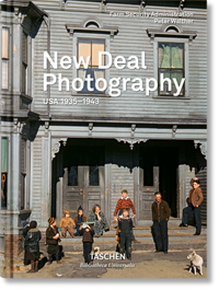 Book cover of 'New Deal Photography' by Peter Walther with a family on a porch. Photographs documenting the United States from 1935-1943.