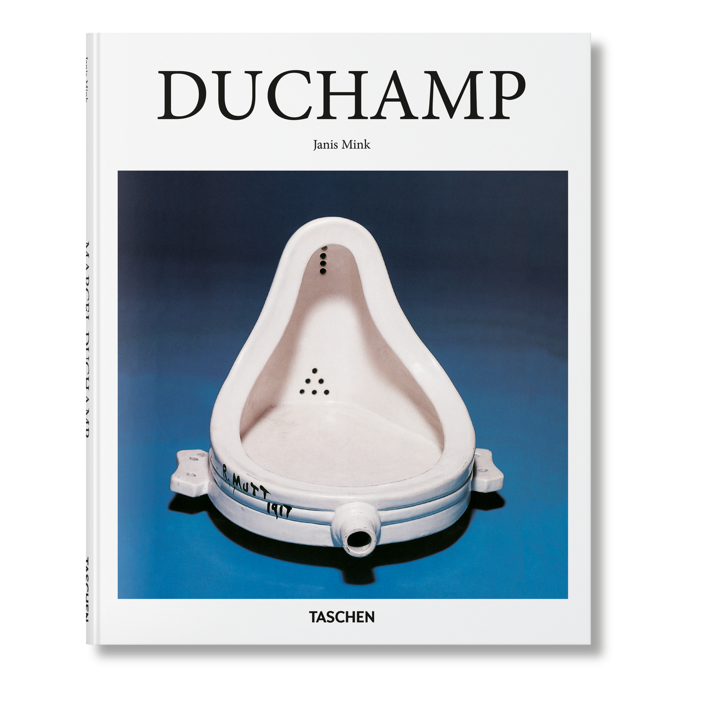 Book cover of 'DUCHAMP' by Janis Mink with a photograph of a white ceramic sculpture on a blue background.